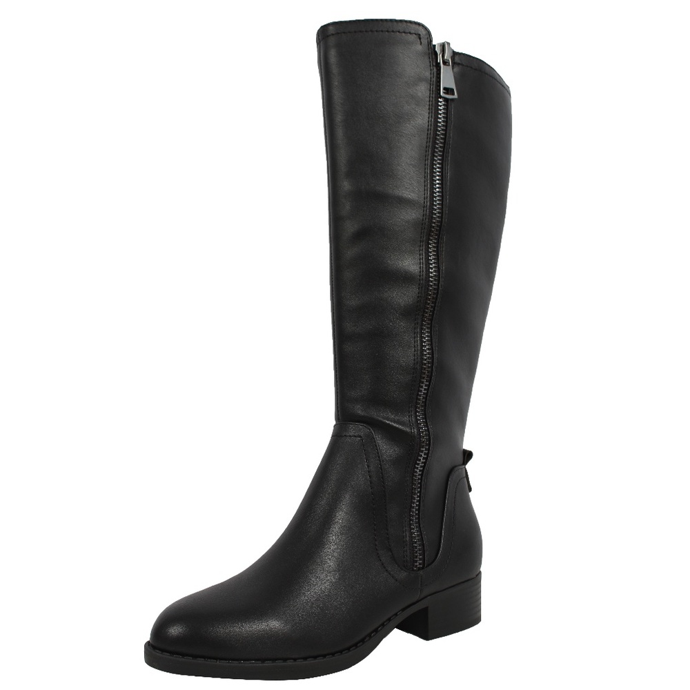 Black Faux Leather Knee High Low Block Heel - Picture 2 of 4